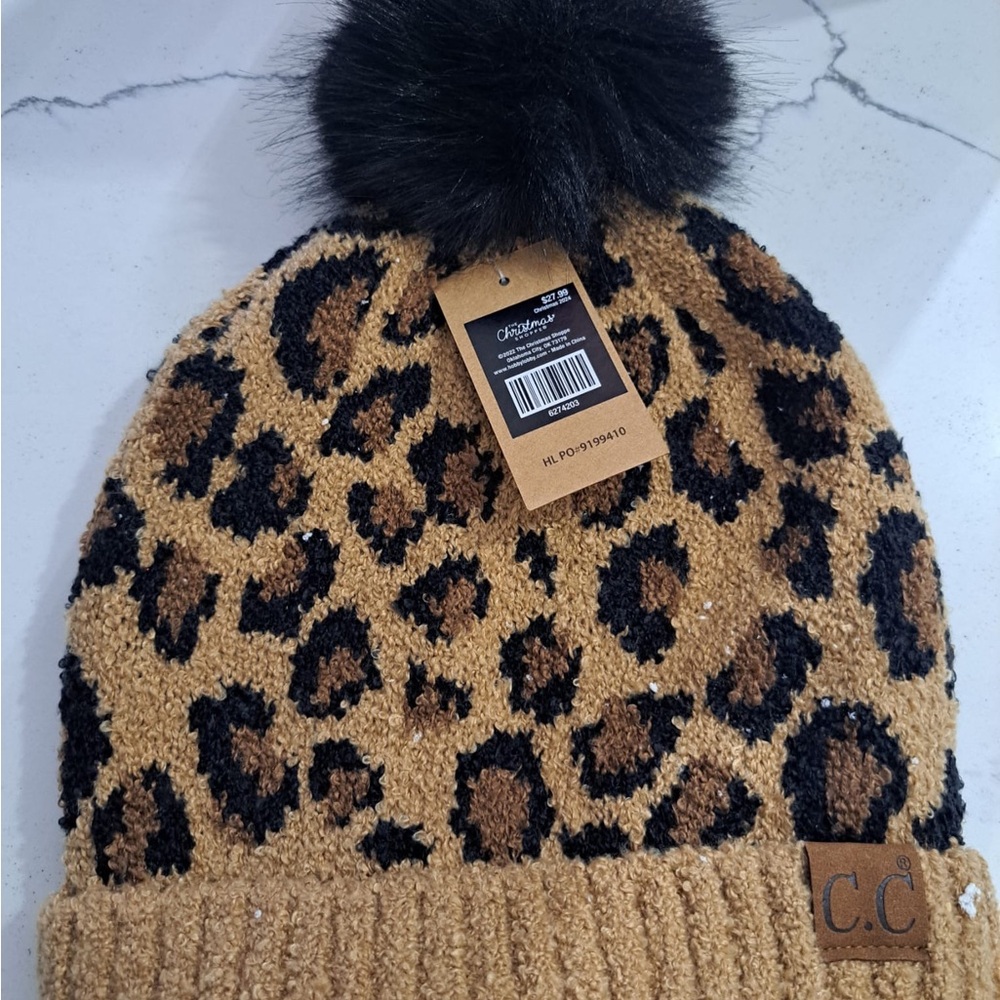 Leopard Print Beanie with Black Pom